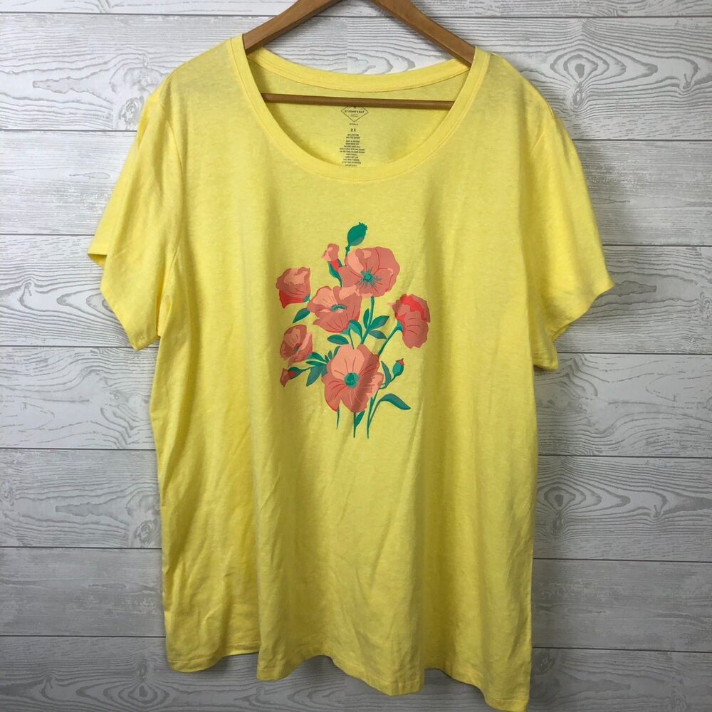 St John's Bay Women's 2X Short Sleeve Tee Shirt Yellow Flowers Scoop Neck Casual